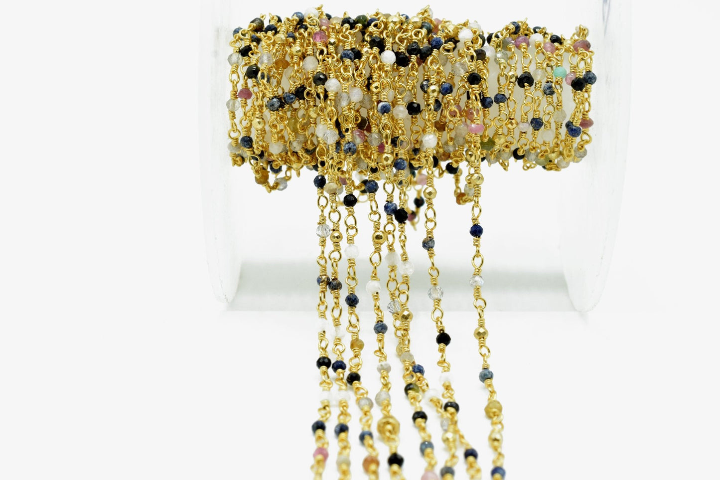 Multi Stones 2mm Beaded Chain,Multi Stones Rosary Chains,Gold Plating Wire Wrap Chain,Brass chain,Jewelry Making Chain,Multi Stones chains,