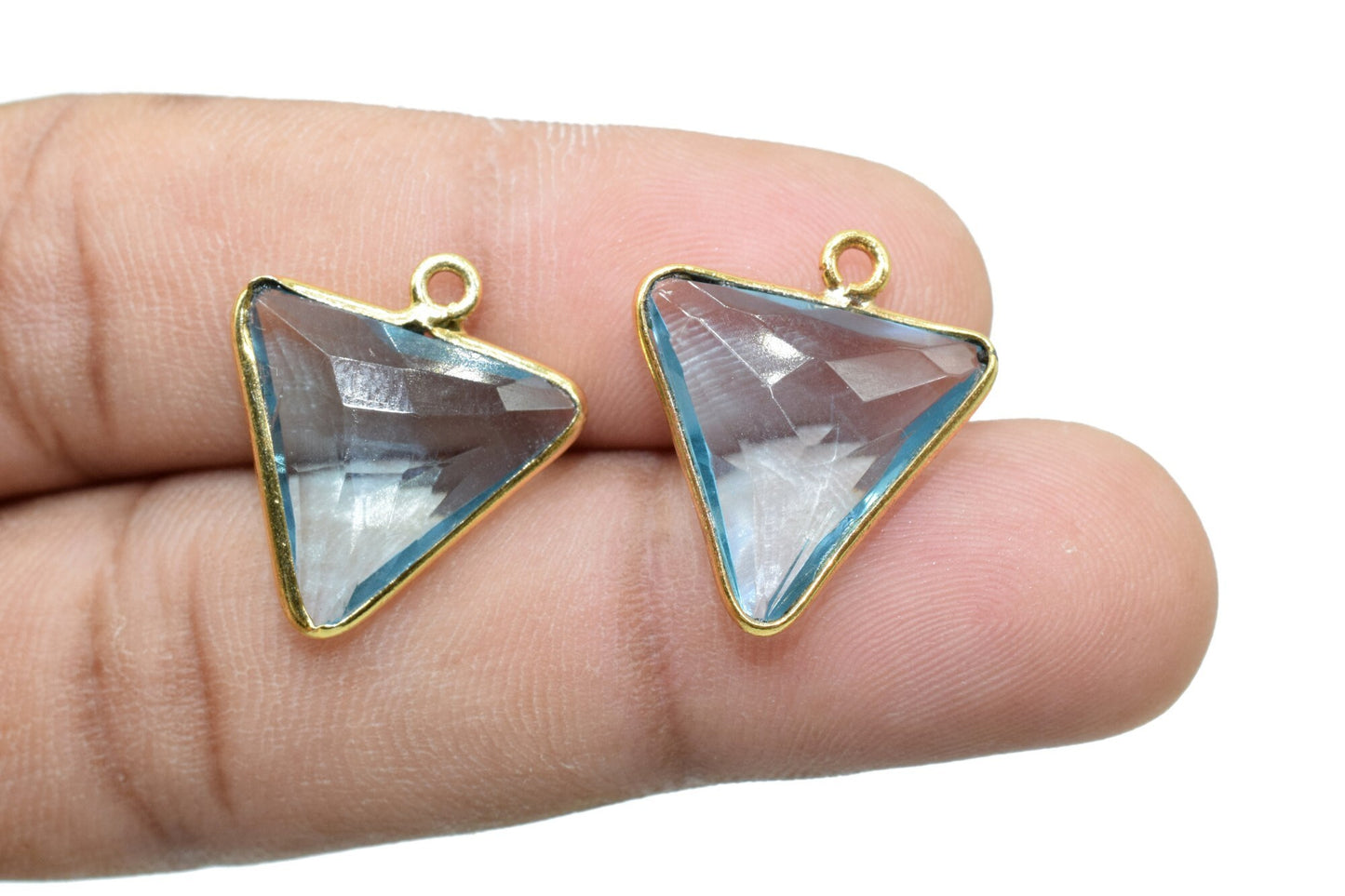 Sky Topaz 15mm Trillion shape charm,Brass Gold Plated bezel,Sky Blue Topaz Faceted Briolette Connector,Topaz Bezel Pendant,Topaz jewelry