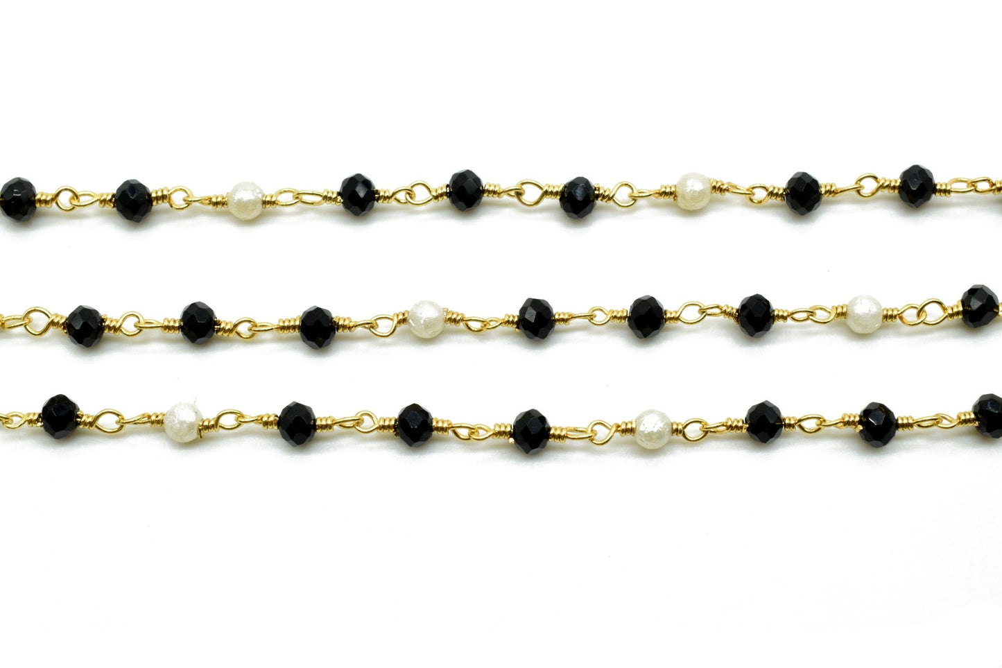 Black Spinel 3mm Rosary Style Beaded Chain, Black Spinel Faceted Beads Wire Wrapped Chain,Brass chains,Jewelry Making Chains,pearl rosary