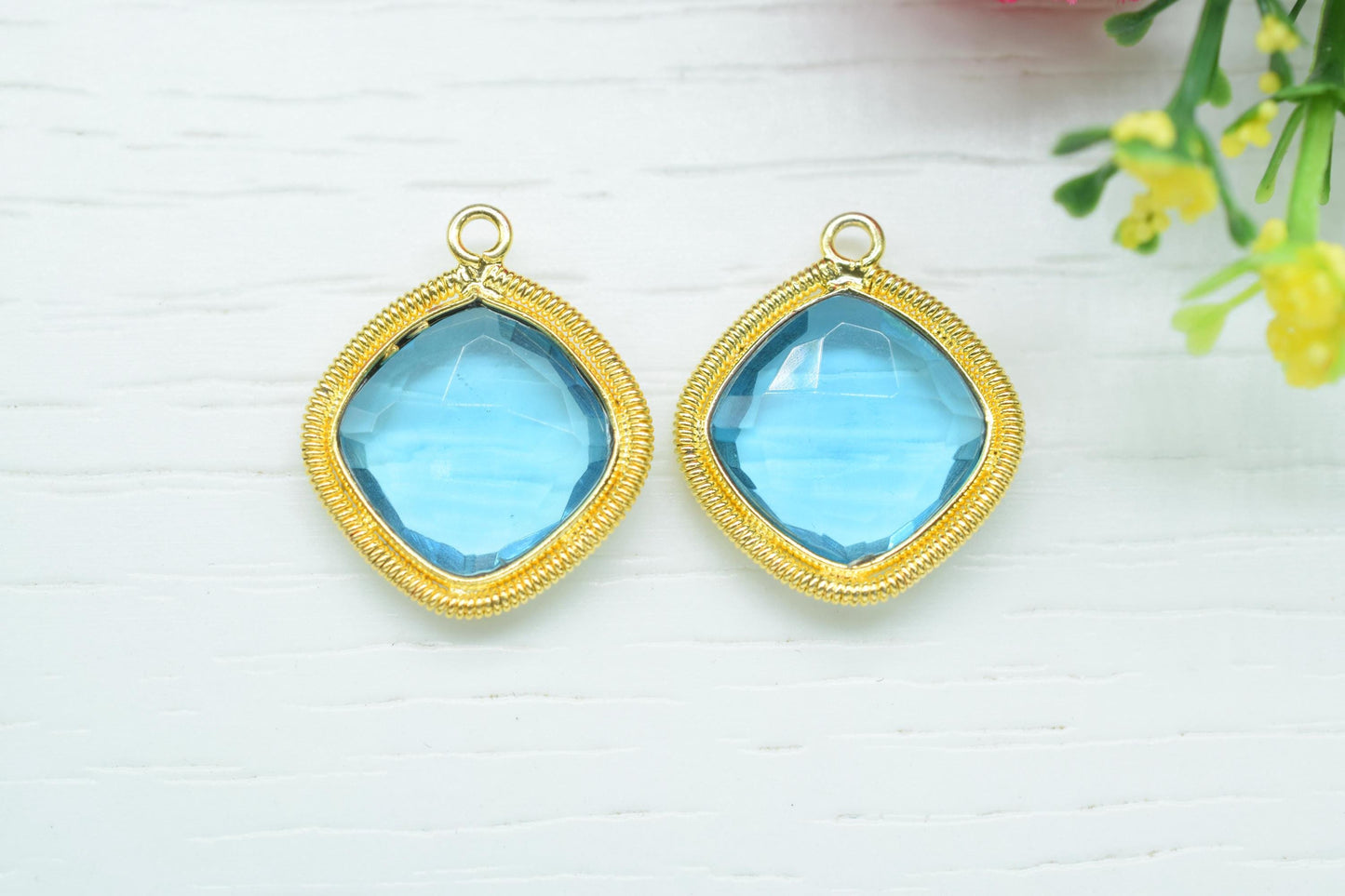 Sky Topaz 14mm Bezel Charms,Gemstone Cushion Bezel,Boho Pendant connectors,Single Bail Pendant,Handmade Charms,Component Pendant Jewelry