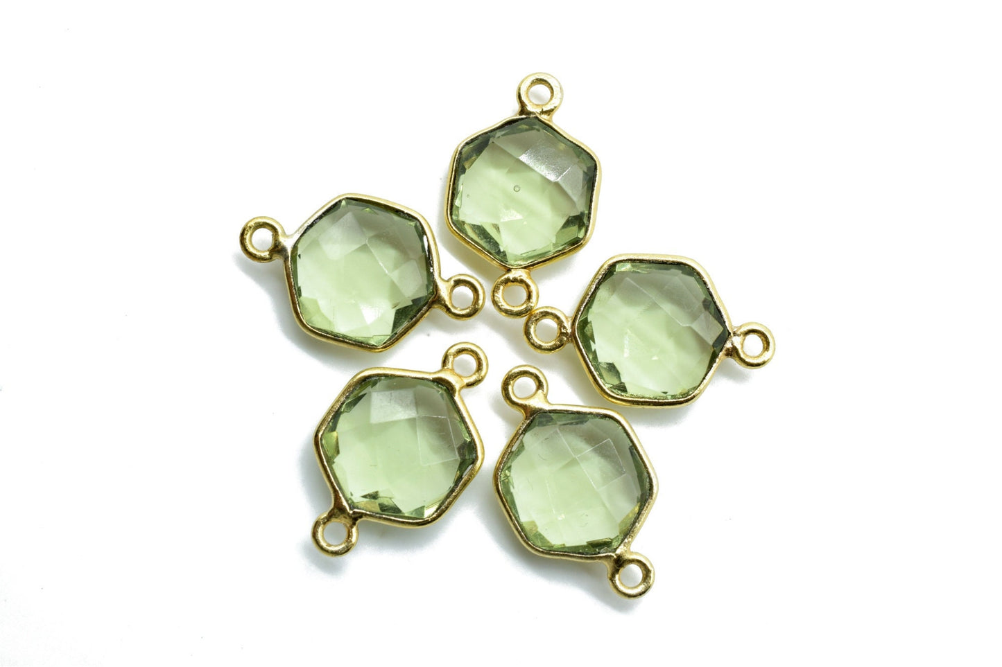 Green Amethyst 10mm Hexagon Shape Pendant,Gold Plated double Bail Gemstone Connector,Faceted Hexagon Shape Gemstone Bezel,Hexagon Pendants