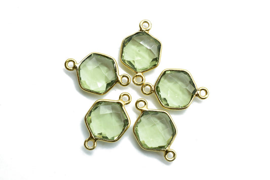 Green Amethyst 10mm Hexagon Shape Pendant,Gold Plated double Bail Gemstone Connector,Faceted Hexagon Shape Gemstone Bezel,Hexagon Pendants