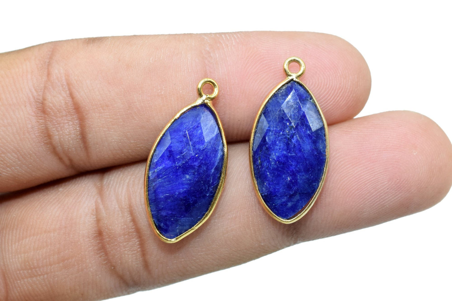 Blue Sapphire 10x20mm Marquise shape charm,Sapphire Brass Gold Plated bezel,Sapphire Faceted Briolette Connector,Sapphire Bezel Pendants