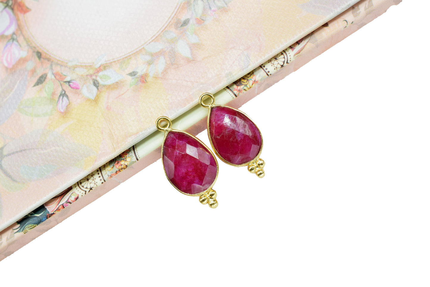 Ruby Faceted beads 10x14mm Bezel Charms Connectors,Ruby Charms Gold Plated Link Pendant Jewelry,Ruby Pear Shape Handmade Connector Jewelry