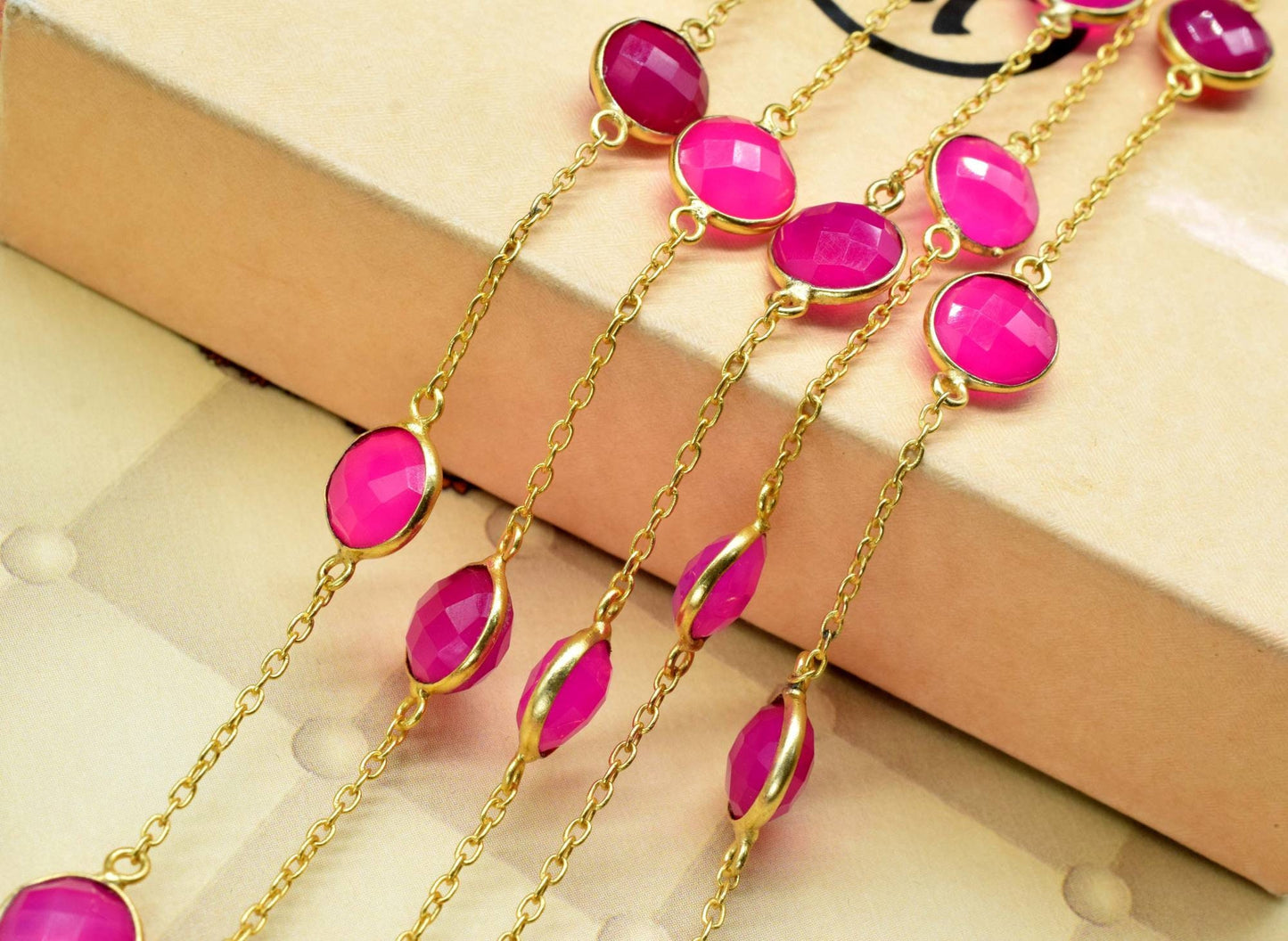 Natural Pink Chalcedony Rosary Bezel Connector Chain/Continuous Chain 10 MM connector Chain for jewelry, Gold Plated Rosary Style,gemstone