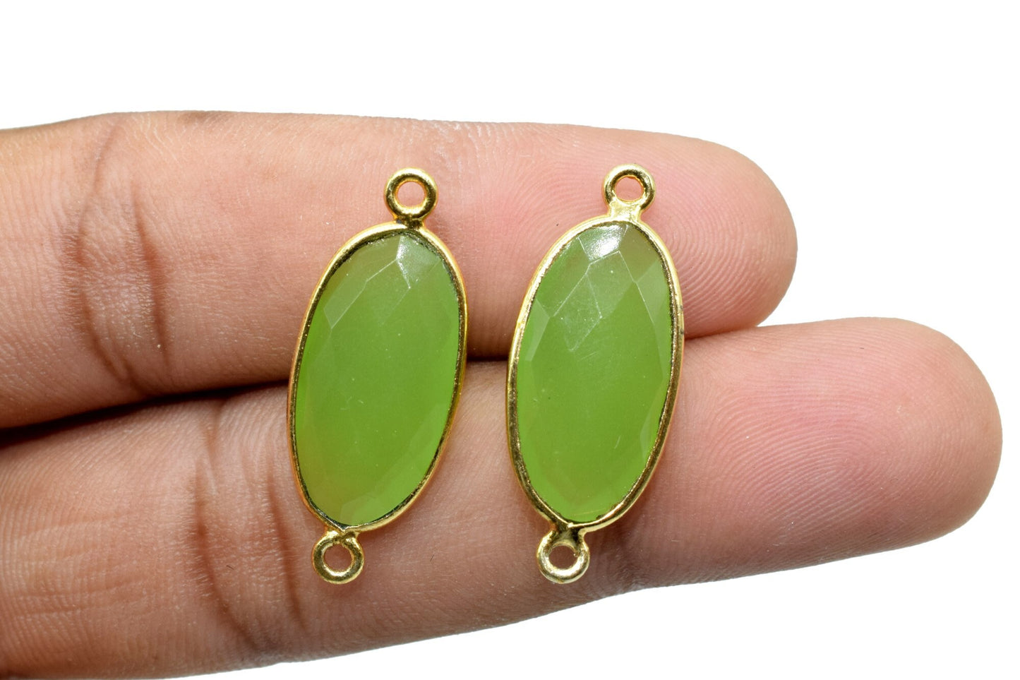 Prehnite 10x20mm oval shape double loop connectors,Gold bezel,Prehnite Connector Bezel Set,Jewelry Making Supplies,Prehnite gold Connectors