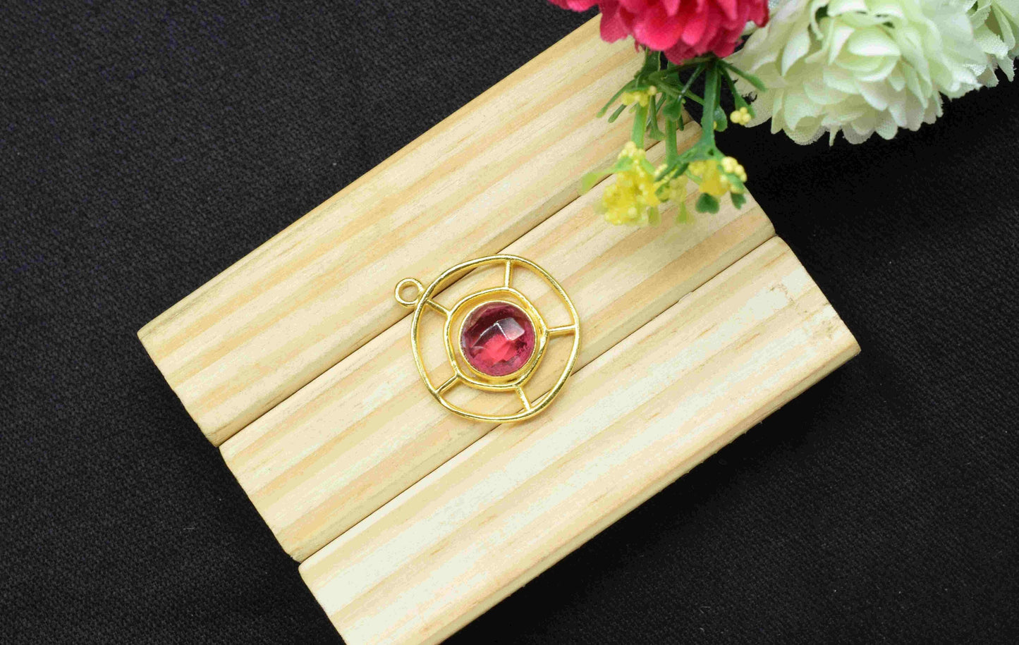 Pink Tourmaline  Gemstone Component , Single Bail Charm , Pink Tourmaline  Connector Pendant , Gold Plated Connectors , Earring Component