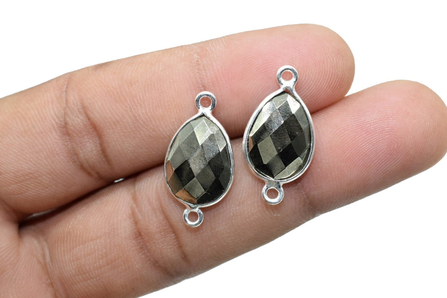 Natural Pyrite 10x14mm Pear Double bail connectors,Pyrite silver connectors,Pyrite silver Plated bezel, Pyrite jewelry making charms,Pyrite