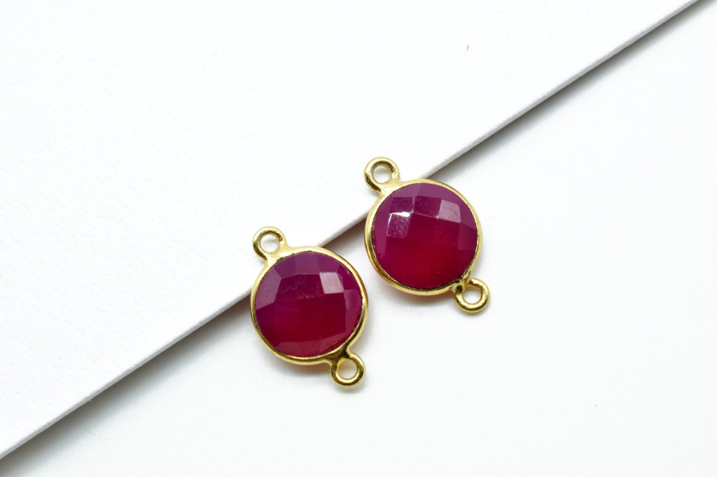 Pink Chalcedony 10mm Round double bail connectors,Pink Chalcedony Round Gold Plated bezel,Jewelry making charms,Pink stone Brass connectors,