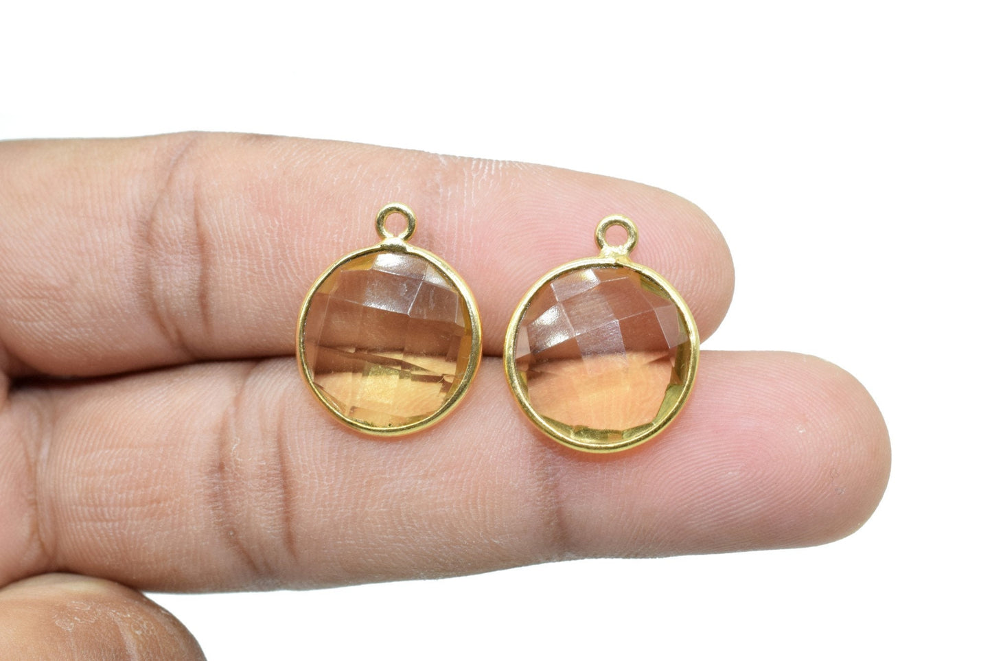 Natural Citrine 14mm Round charm,Brass Gold Plated bezel,Citrine single Bail Pendant,Citrine gold plated bezel,Citrine single connectors,