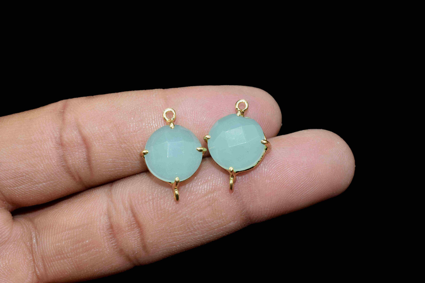 Aqua chalcedony Round Connector,double bail connector,Aqua Quartz Beads jewelry,Handmade Gemstone Bezel,Aqua Quartz Prong Bezel Charms,Gift