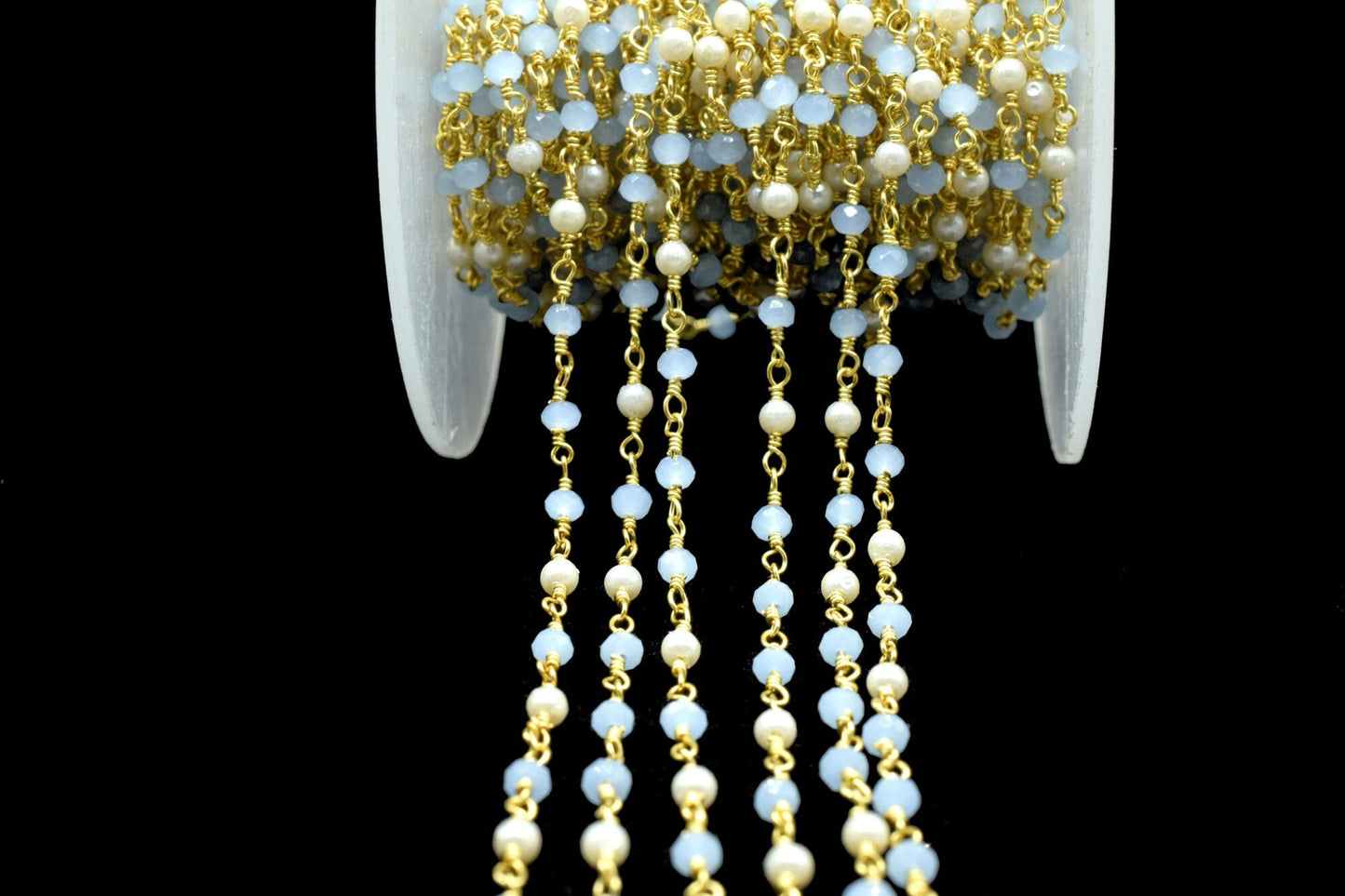 Aqua Chalcedony Rondelle Faceted Rosary Chain,Beaded Chain Roll,Blue Chalcedony Rosary,Gold Plated rosary chain,Jewelry Making Finding Chain