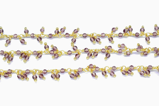 Amethyst 2.5mm To 3mm Cluster Beaded Rosary, Amethyst Rosary Chain,Amethyst Gold Plated Wire Wrap Chain,Cluster Beads Rosary Jewelry Making