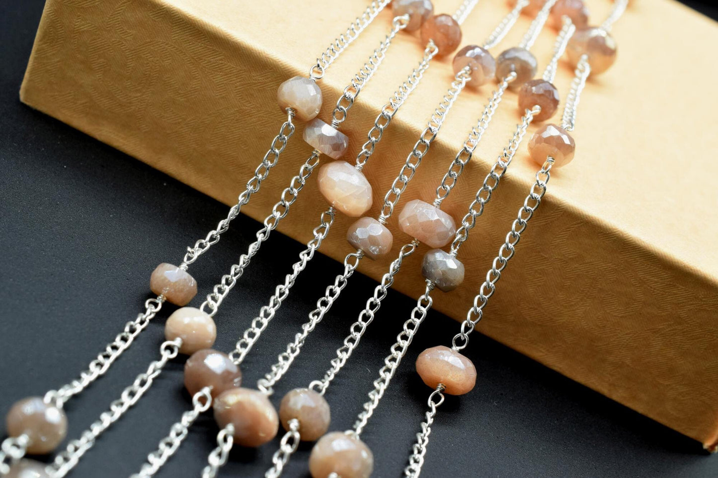 Peach Moonstone Coted Beads Rosary,Silver Plated,Wire Wrapped link Stone Rosary Chain,Bead Supplies,Craft Supply Rosary,Handmade Beads Chain