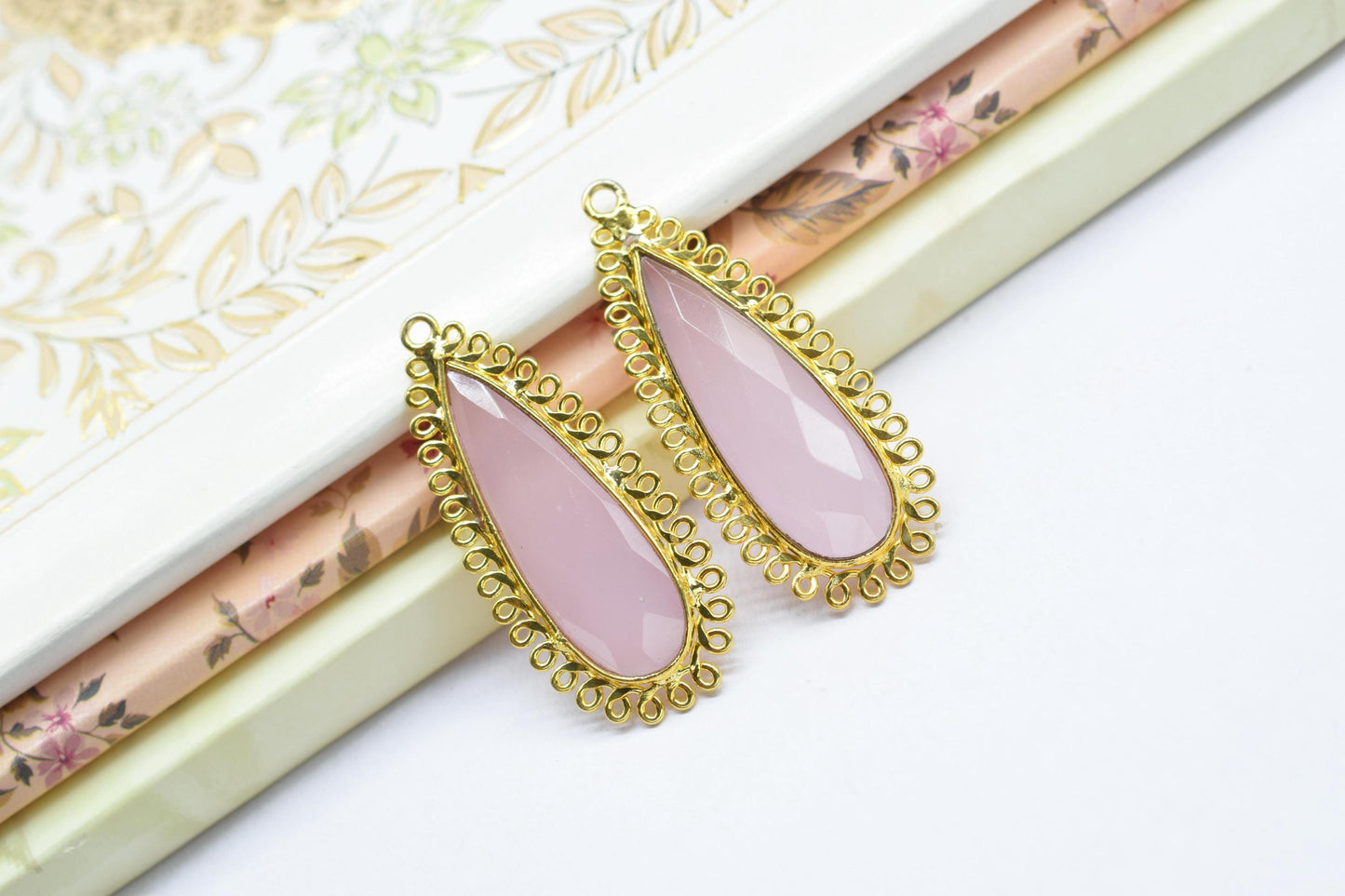 Rose Quartz 10x30mm Teardrop Bezel Charm,Single Bail Pendant,Handmade Jewellery Connectors,Gemstone Brass Component,Handmade Connector,Gift