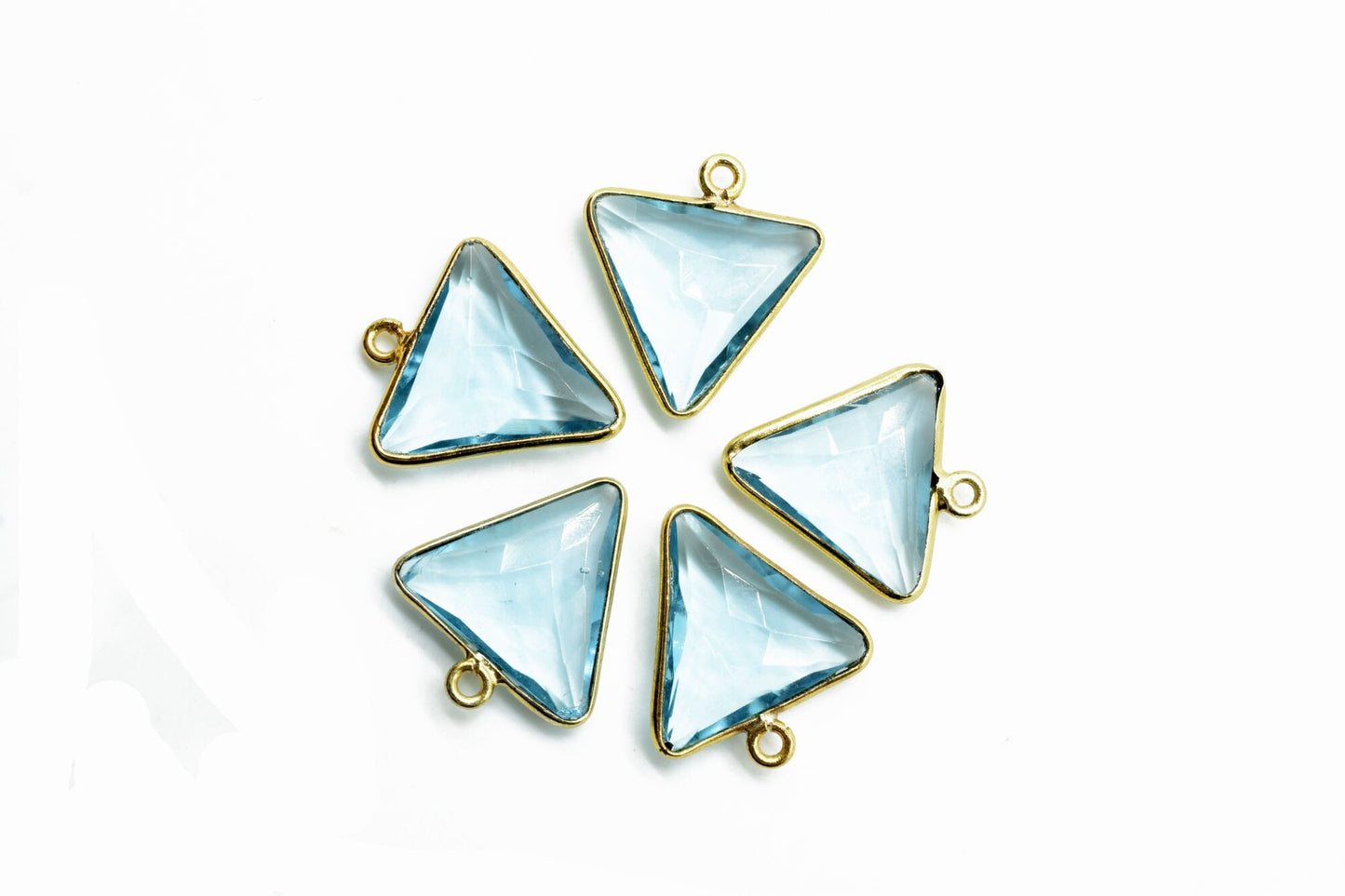 Sky Topaz 15mm Trillion shape charm,Brass Gold Plated bezel,Sky Blue Topaz Faceted Briolette Connector,Topaz Bezel Pendant,Topaz jewelry