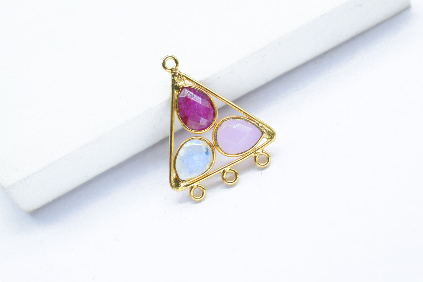 Natural Gemstone Teardrop Faceted Bezel Connector,Ruby Gemstone Pendant,Tringle Shape Pendant,Multi Bail Connector,Moonstone Jewelry,B'Gifts