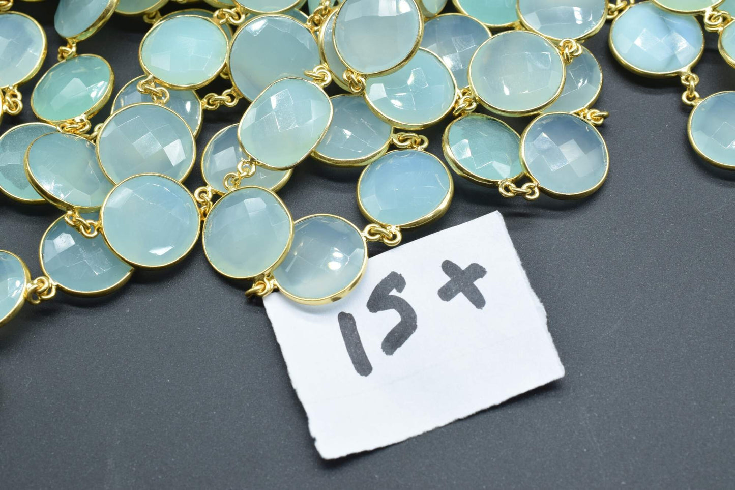 Aqua Chalcedony Round Connector Chain,Chalcedony Gold Bezel Connector Chain,Round Aqua Chalcedony Faceted Gemstone,Gold Plated Rosary Chain