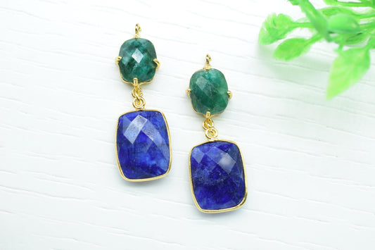 Natural Emerald Prong Setting Bezel Charm/Handmade Pendant/Blue Sapphire Connector/Earring Connector/Multi Stone Pendant/Station Bezel Link