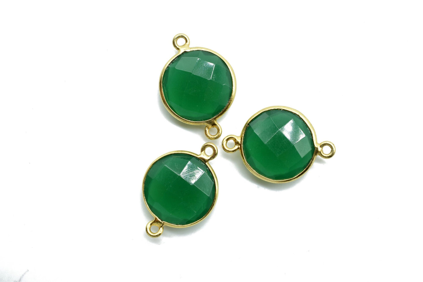 Natural Green Onyx 14mm Round Dual links connector,Brass Gold Plated bezel,Green Onyx Pendant,Stone Links,Gems Station,Onyx Earring Supplies