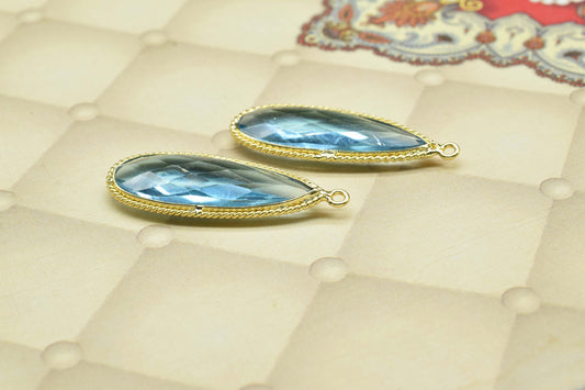 Sky Topaz Faceted Gemstone 10x30mm Pear Shape Bezels,Gemstone Faceted Light Bezels Jewelry,Sky Topaz charms,Sky Topaz Gold Plating Pendant