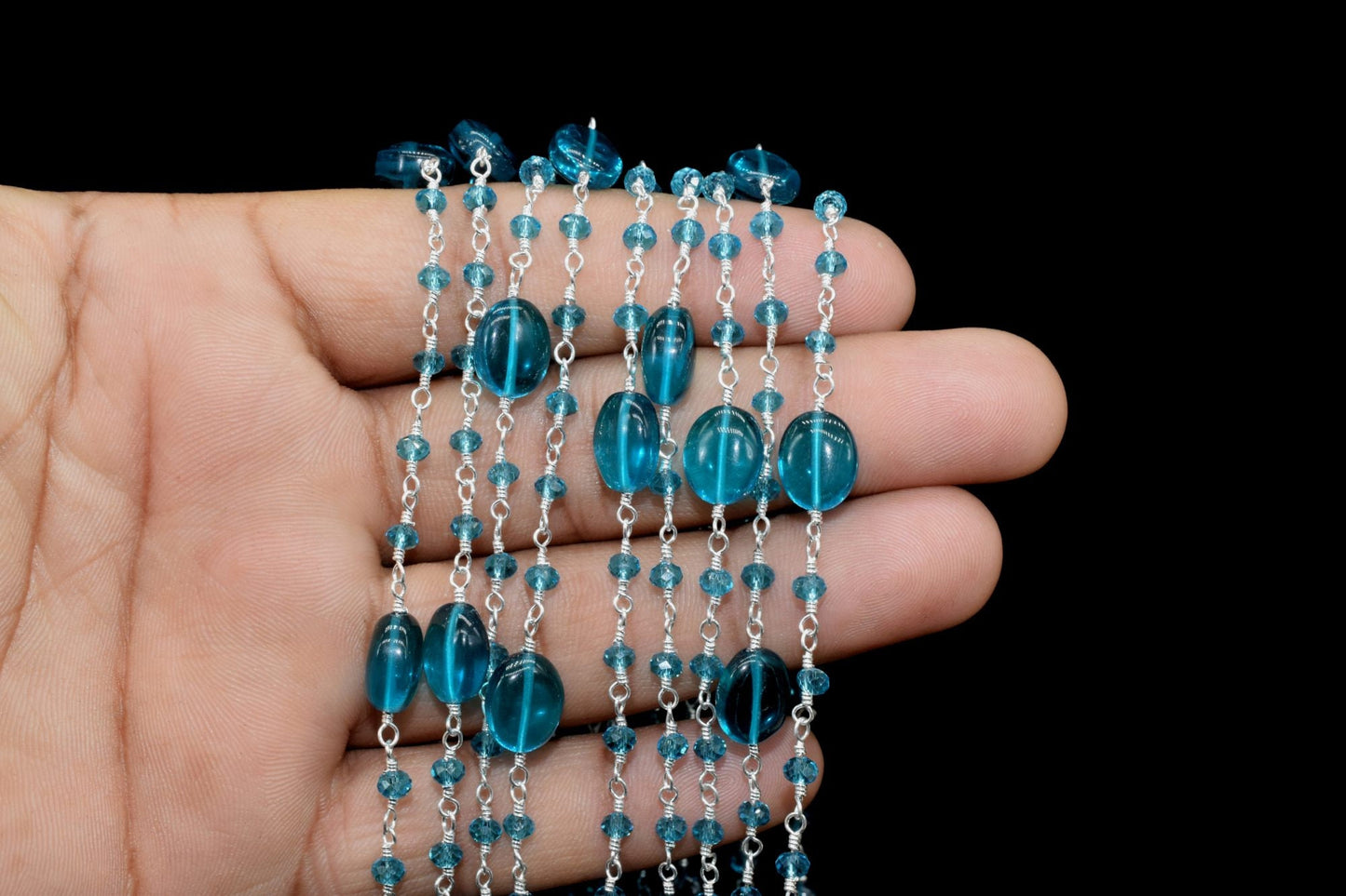 Neon Apatite Smooth Oval Shape Chain , Neon Apatite Silver Wire Plated Rosary Beaded Chain,Chain Per Foot,Gemstone Beads,Rosary Beaded Chain