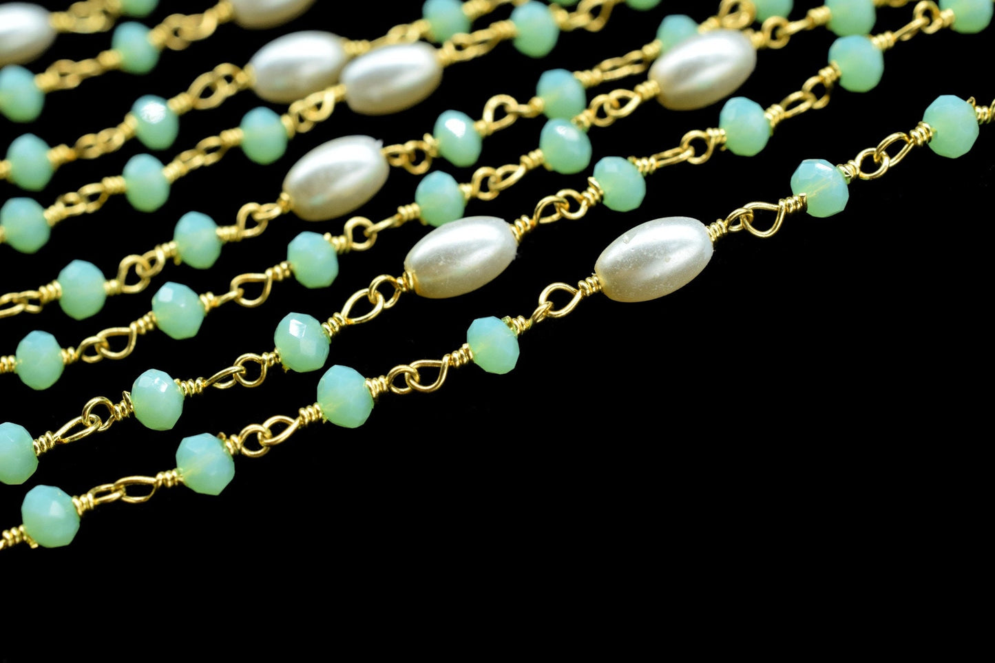 Aqua Chalcedony Hydro Faceted Rondelle Beaded Rosary Chain,Gold Plated Rosary Chain,Finding Wire Wrap Necklace Chain,Pearl Rosary Chain Gift