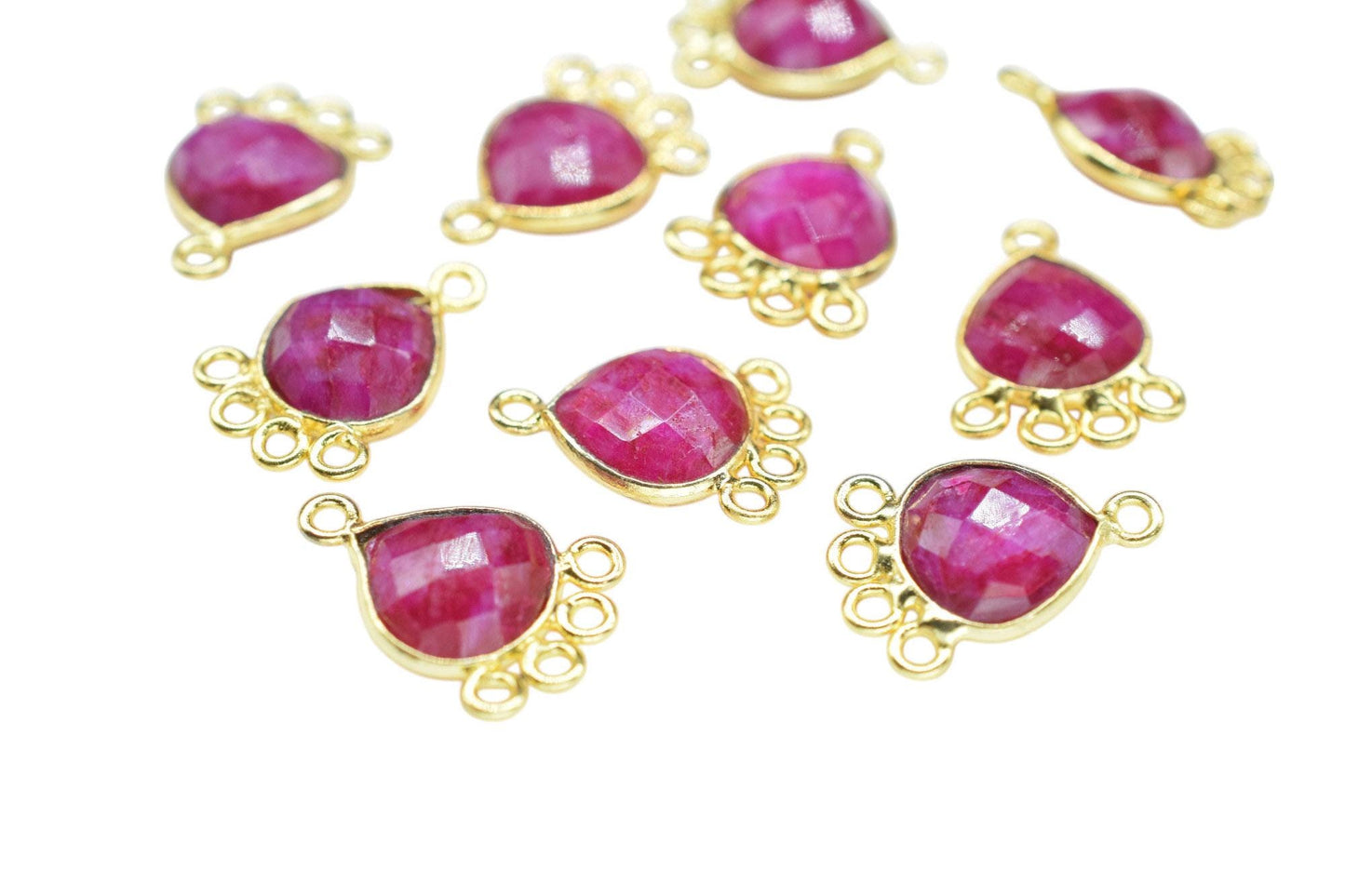 Ruby Heart Shape Pendant/Gold Plated Charms Jewelry/Handmade Connector Jewelry/Connector Charms/Station Bezel Link Supplies/B'day Gift