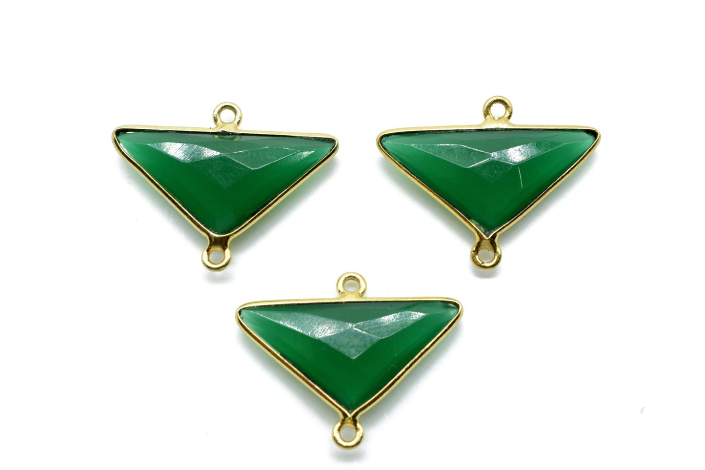 Green Onyx 12x25mm Triangle shape double loop charm,Brass Gold Plated bezel,Green Onyx Faceted Connector,Green Onyx Bezel Pendant, jewelry