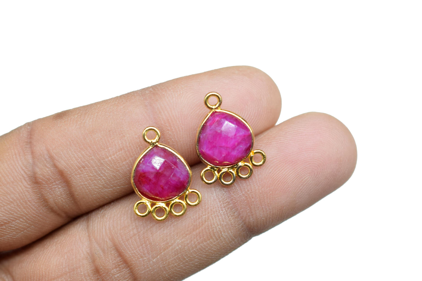 Ruby Heart Shape Pendant/Gold Plated Charms Jewelry/Handmade Connector Jewelry/Connector Charms/Station Bezel Link Supplies/B'day Gift