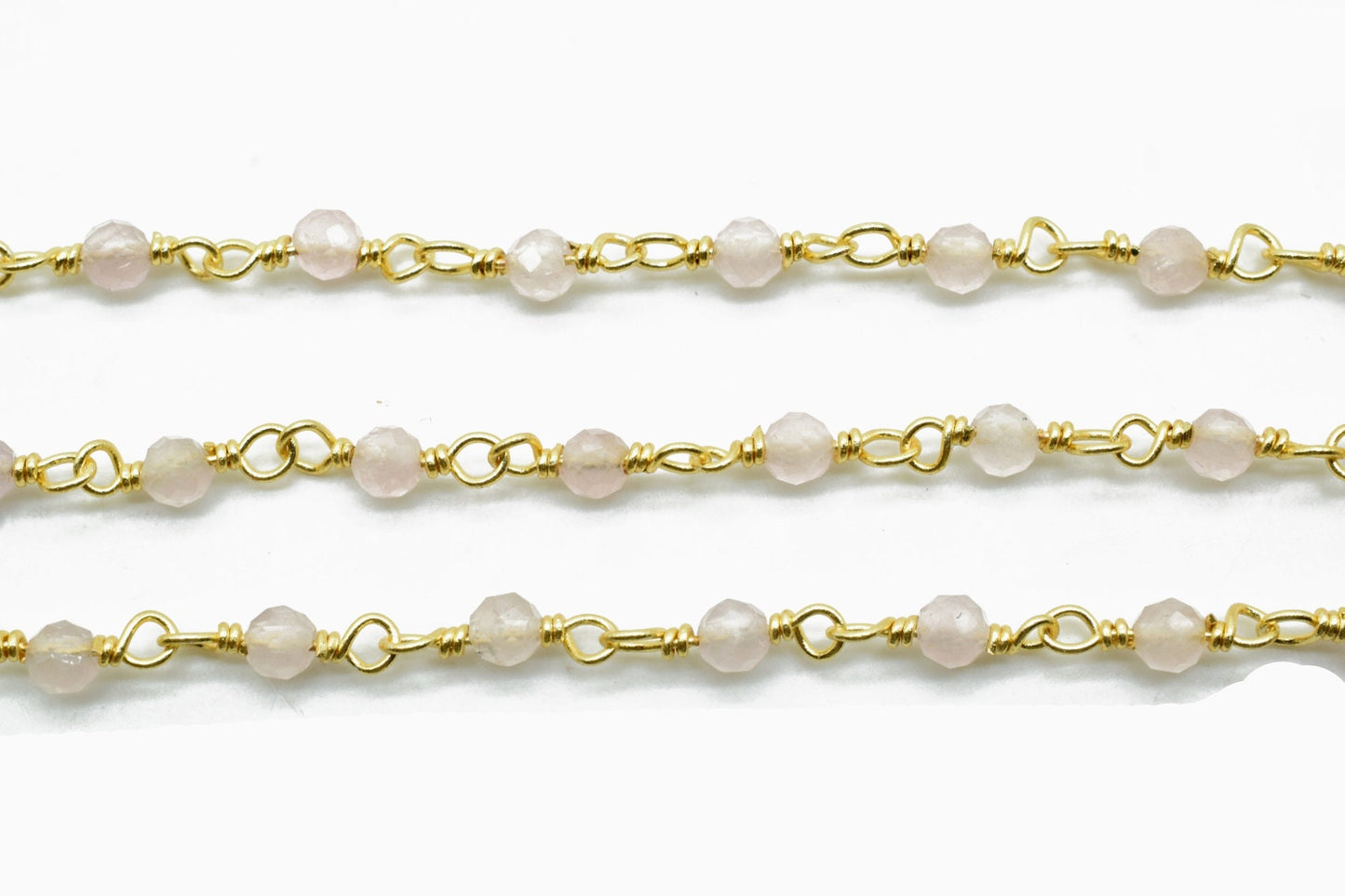 Rose Quartz 3mm Beaded Chain,light Pink Rosary Chain, Wire Wrapped Gold Chain,Rose quartz Gold Wire Wrapped Rosary Chain,Rosary Beaded Chain