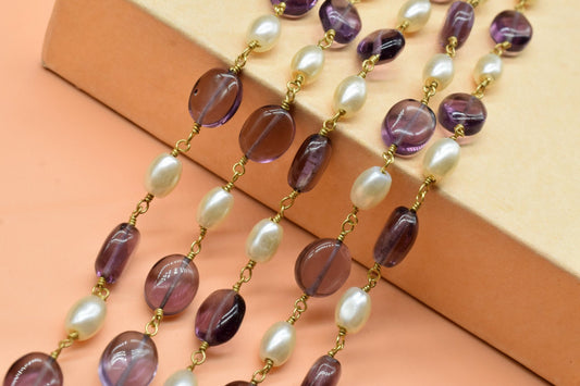 Amethyst And Pearl Beaded Rosary Chain, Gold Plated Wire Wrapped chain by foot, Diy Jewelry Making Beaded Chain, New Designer Jewelry Chain
