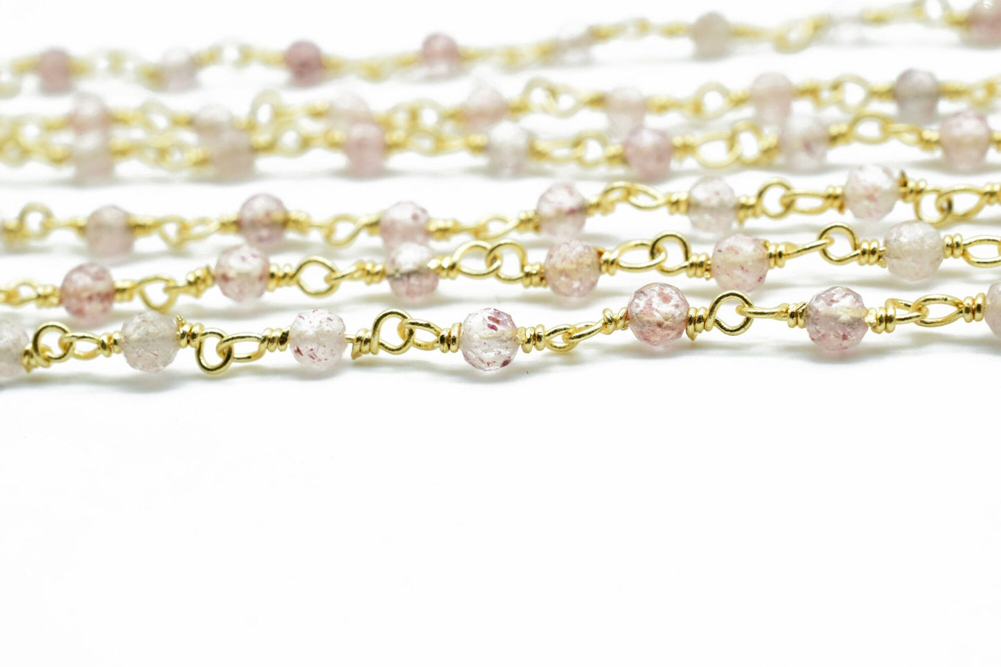 Berry Quartz 3mm Beaded Chain,Berry Quartz wire wrapped chain,Gold chain,rosary chain,jewelry making supplies,Gold Plated Wire Wrapped Chain