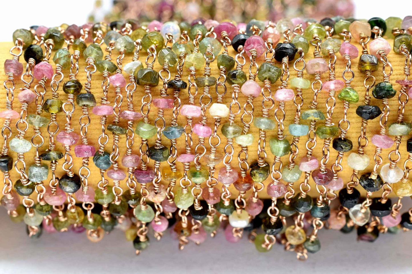 Multi Tourmaline Rosary Chain,Multi Tourmaline Wire Wrapped Rosary,3 to 3.5mm beaded chain,Natural Multi Tourmaline beaded Chain,gold chain