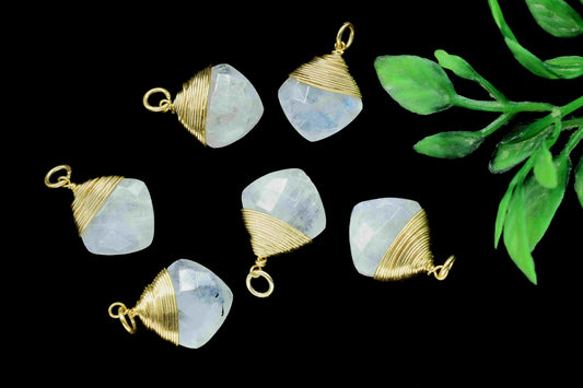 Moonstone 12mm Square Faceted Connector, Gemstone Wire Wrapped Pendant, Loop Connector,Pendant Jewelry,Wire Wrapped Necklace,Rainbow jewelry