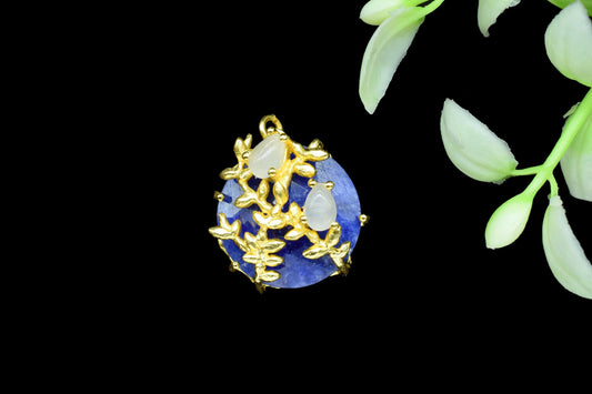 Blue Sapphire Leaf Designer Pendant Charms,Circle Pendant,Handmade Craft,Multi Stone Pendant,Prong Set Pendant,Gemstone Pendant Jewelry Gift