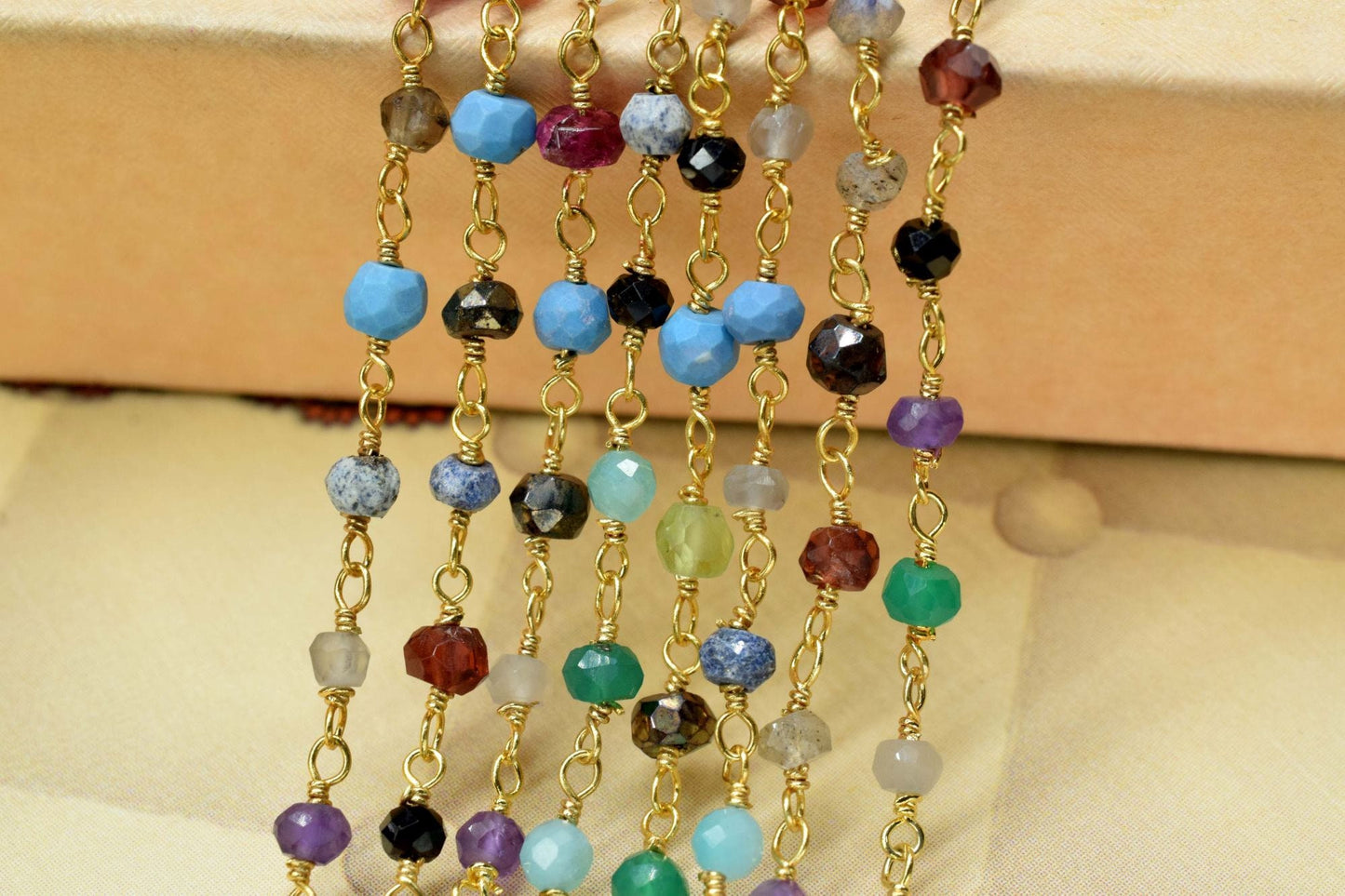 Rosary Beaded Chain Multi Disco Faceted Rondelle beaded chain,multi gemstone rosary,gold plated beaded chain,Wire Wrapped Beaded Chain,