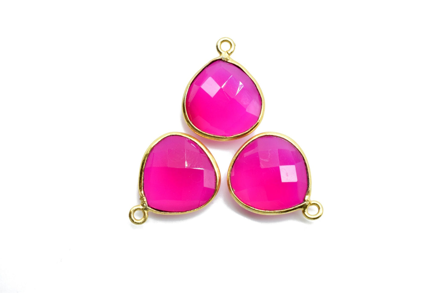 Pink Chalcedony 14mm Heart shape double bail connectors,Pink Chalcedony Round Gold Plated bezel,Jewelry making charms,Pink Brass connectors,