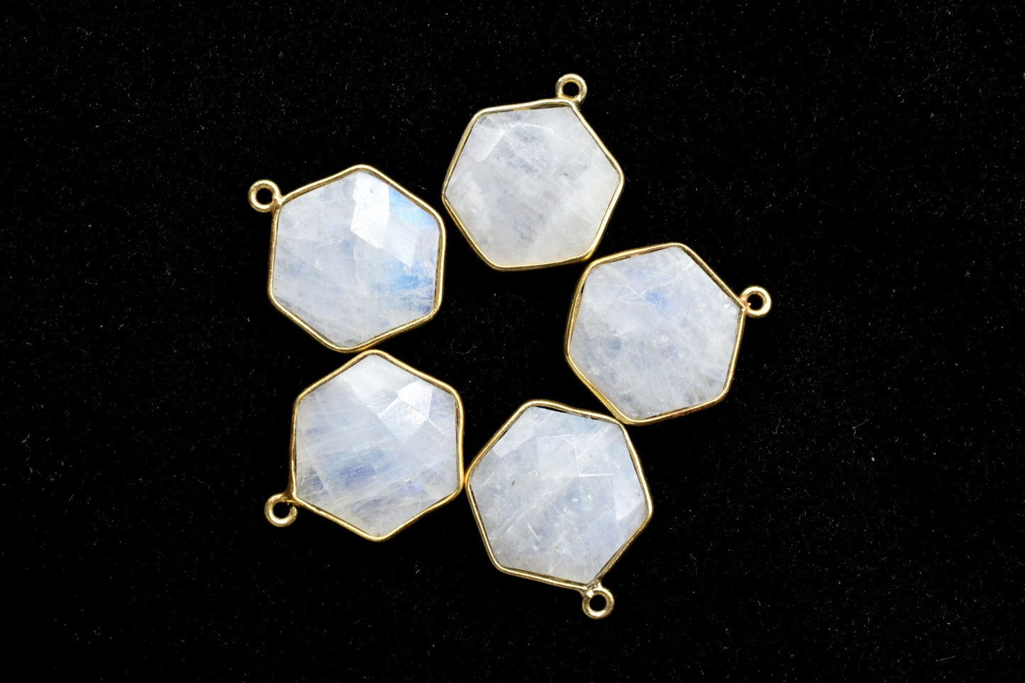 Moonstone 16mm Hexagon shape single loop connectors,Moonstone Pendant,White Rainbow bezel link,Gemstone Hexagonal Cone Charm,Minimal Stone