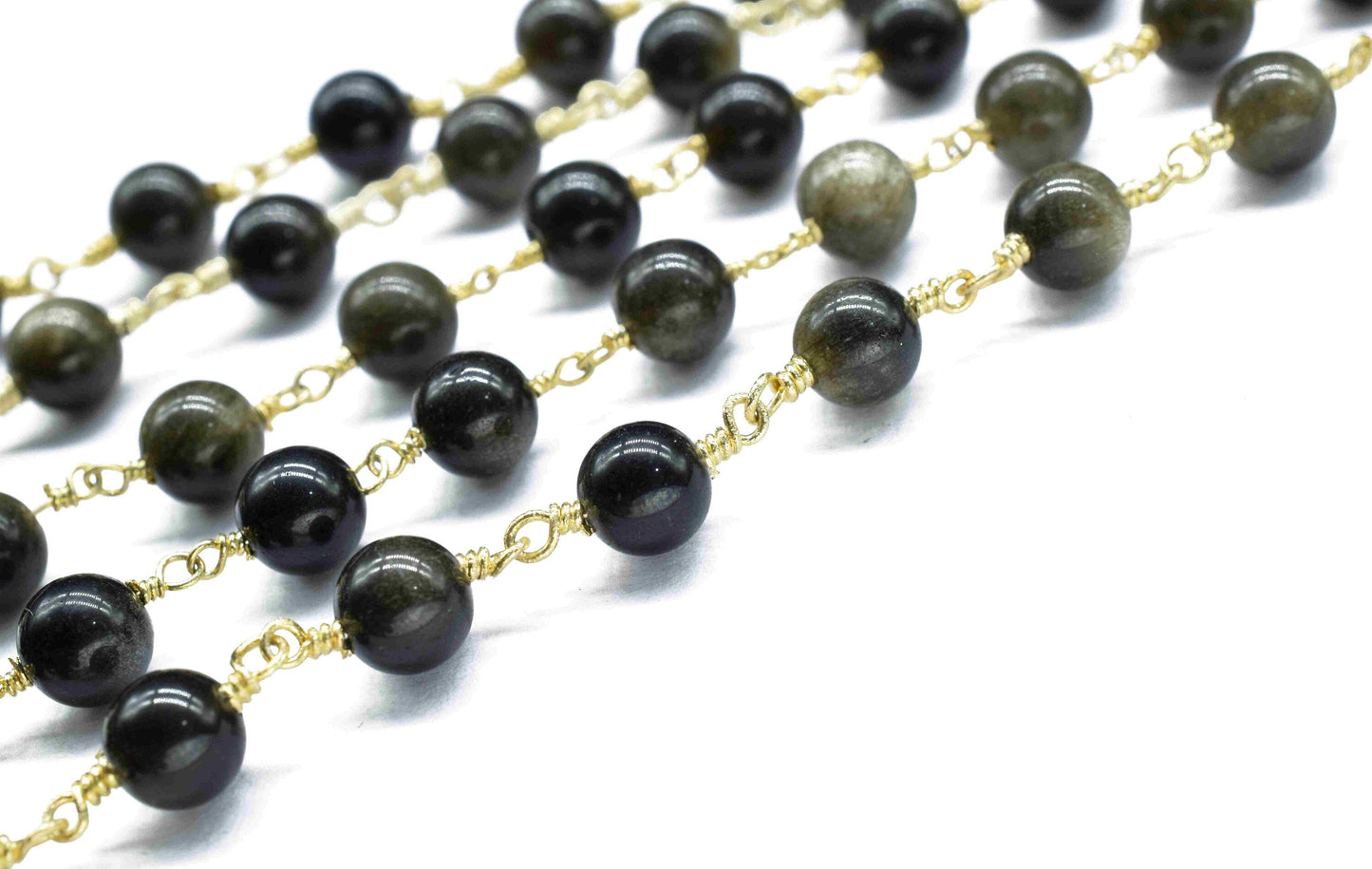 Natural Golden Obsidian Smooth Beads,Wire Wrapped Rosary Chain,beads Rosary chain Necklace,6mm Round Smooth Chain,Handmade Jewelry,Gift