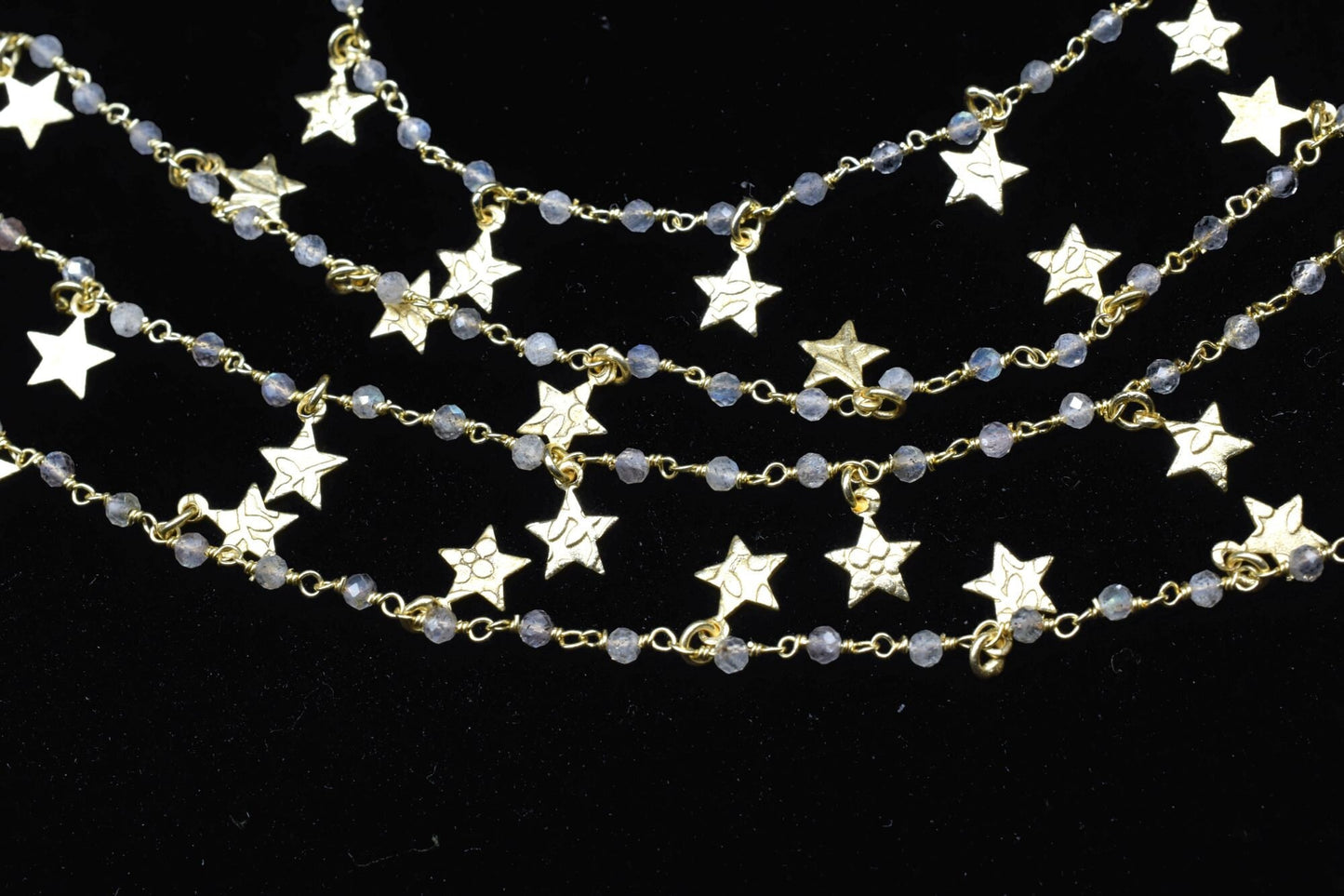 Labradorite 2mm Beaded & Star Charm Chain,Blue Fire Labradorite Rosary Chains,Gold Plating Wire Wrap Chain,Brass chain,Jewelry Making Chains