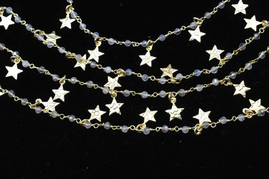 Labradorite 2mm Beaded & Star Charm Chain,Blue Fire Labradorite Rosary Chains,Gold Plating Wire Wrap Chain,Brass chain,Jewelry Making Chains
