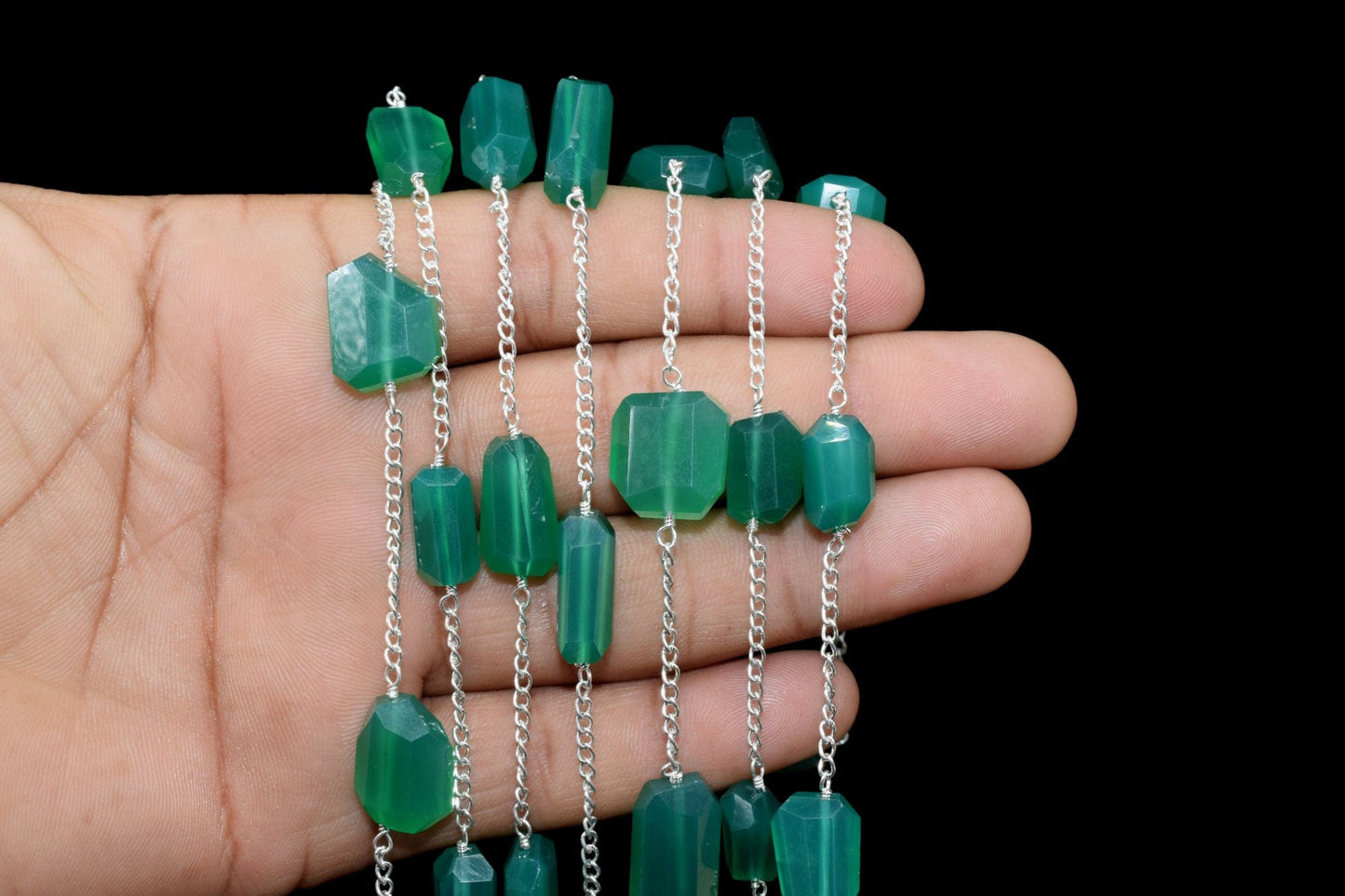 Green Onyx Nugget Beaded Chain,Beaded Rosary Chain,Wrapped Brass Wire,Necklace,Bracelet,Handmade Jewelry,Finding Necklace,rough stone rosary