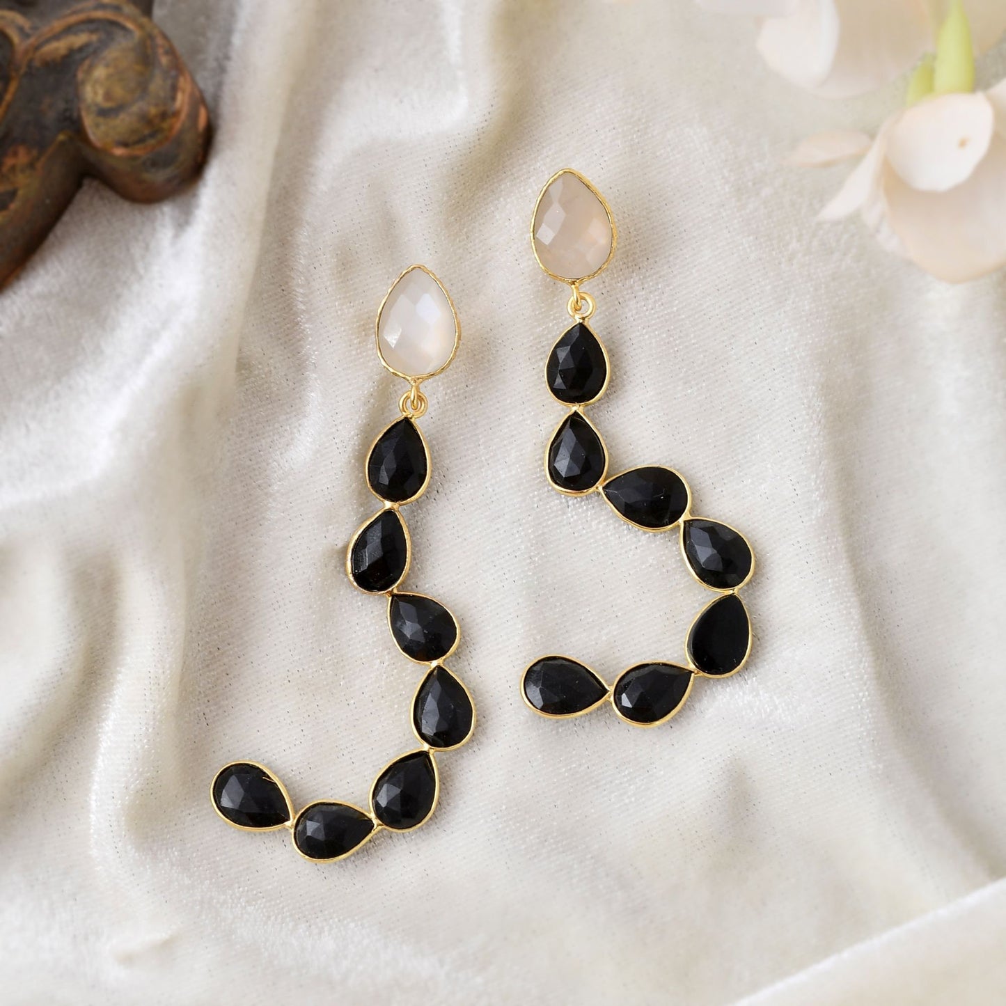 Natural Gemstone Rose Quartz Earring/Handmade Earring/Bridal Earring/Gold Plated Earring/Dangle Earring/Black Onyx Earring/Women Earring