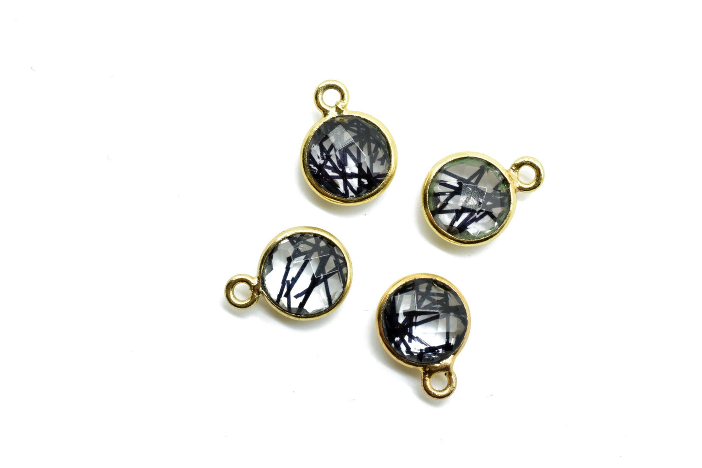 Black Rutile 8mm charm,Black Rutile Pendant,Black Rutile Round Gold Plated bezel, Rutile Vermeil Bezel,jewelry making charm,Brass connecotr