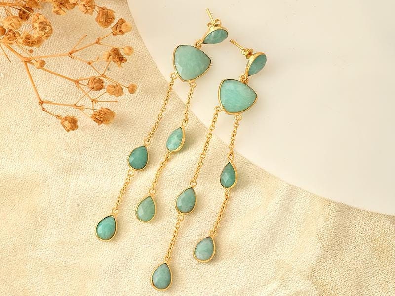 Amazonite Dangle Earring/Bridal Earring/Gold Plated Earring/Bridal Jewelry/Statement Earrings For Bridal/Amazonite Jewelry/Gift
