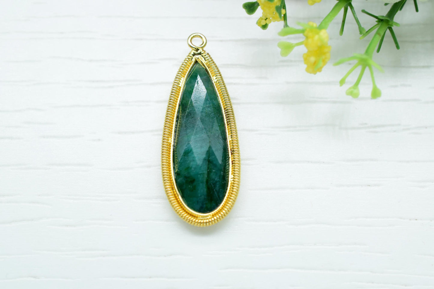 Emerald 10x30mm Charms,Gemstone Bezel connector,Single Bail Pendant Charm,Handmade pendant Jewelry,Teardrop Charms connector,Bday Gift