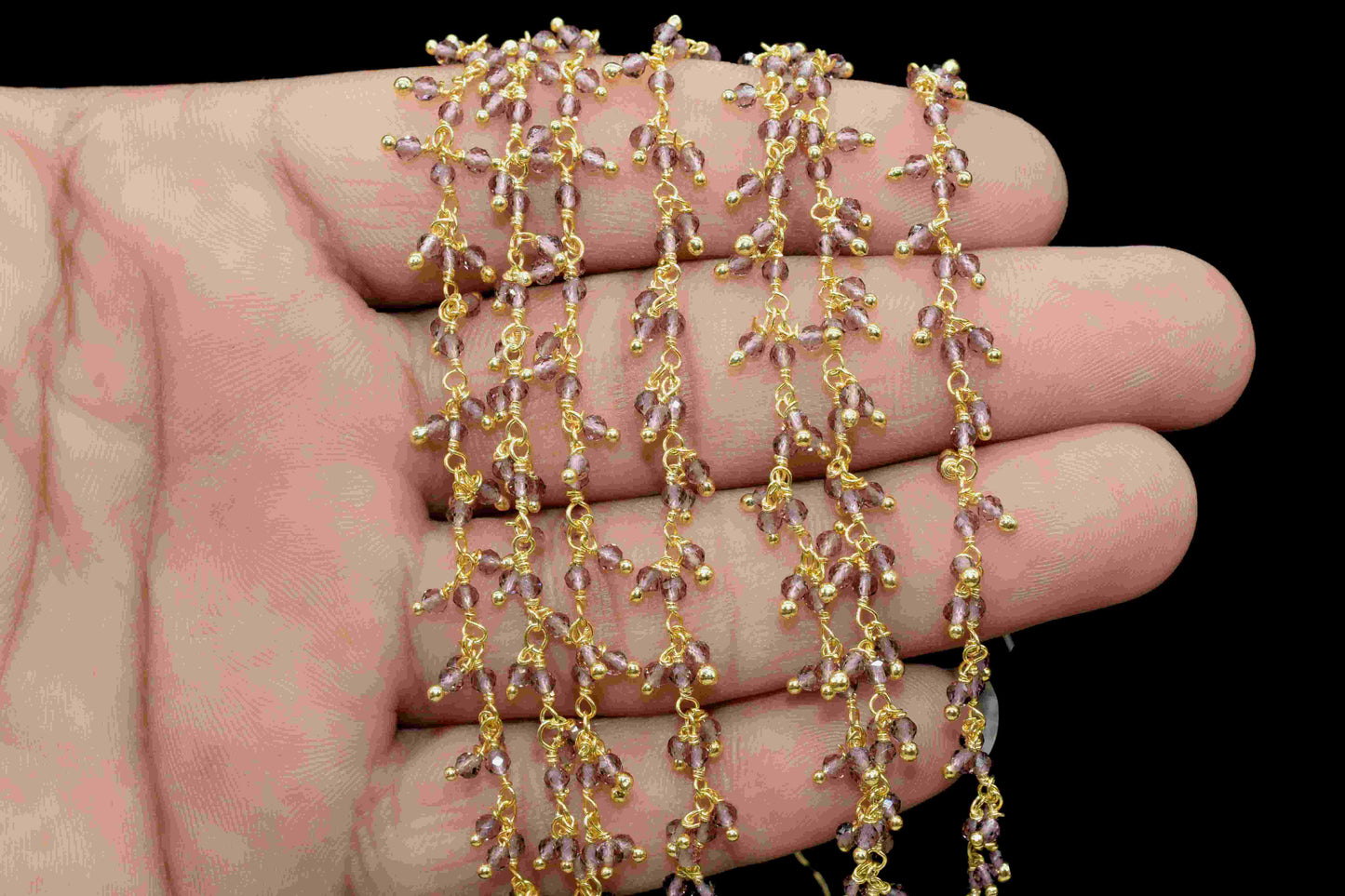 Amethyst 2.5mm To 3mm Cluster Beaded Rosary, Amethyst Rosary Chain,Amethyst Gold Plated Wire Wrap Chain,Cluster Beads Rosary Jewelry Making
