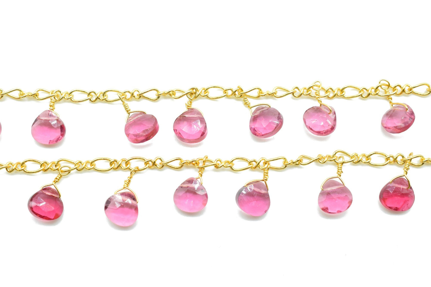 Pink Tourmaline 6mm Heart shape Briolette Chain,Beaded Wire Wrapped Fuchsia Diamond Cut Gemstone Bead,Faceted Rosary Chain,Gems Rosary Style