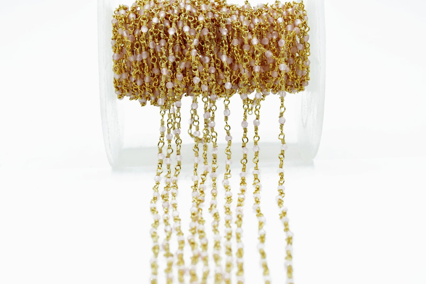 Rose Quartz 2mm Beaded Chain,Rose Quartz Rosary,Gold Plated Wire Wrap Chain,Brasschain,Jewelry Making Chain,Rosary,Rose Quartz vermeil chain